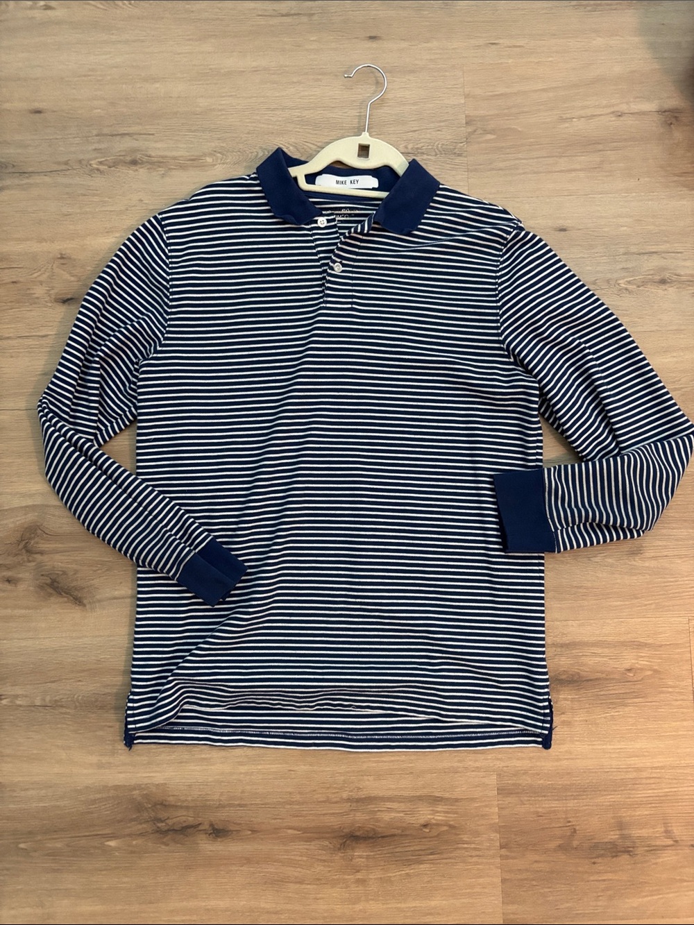 Navy & White Striped Long Sleeve Polo